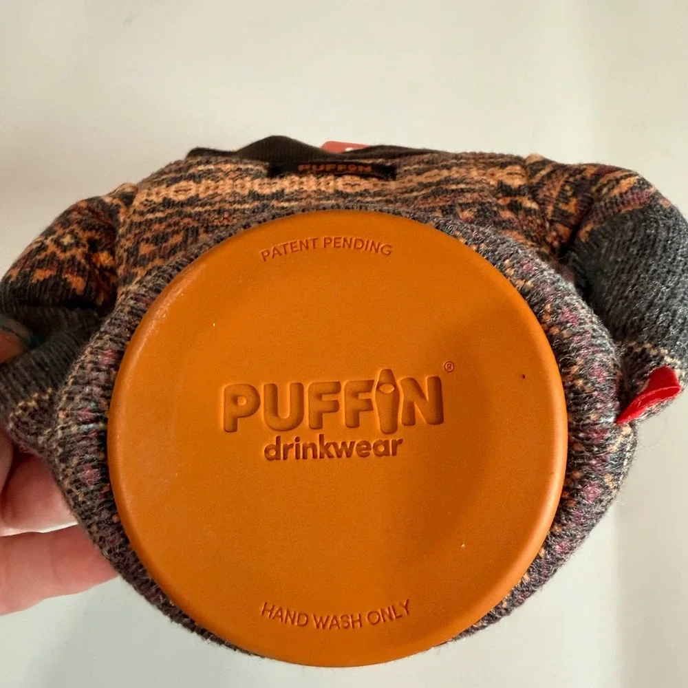 Puffin Drinkwear Espresso Cardigan Beer Can Cooler Koozie Fair Isle Knit NEW